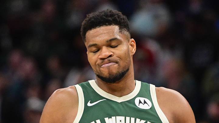 Milwaukee Bucks forward Giannis Antetokounmpo (34) reacts after missing a shot late in the fourth quarter against the Sacramento Kings at Fiserv Forum on November 1, 2025.