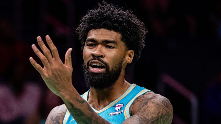 Charlotte Hornets center Nick Richards (4) reacts to the call during the third quarter against the Oklahoma City Thunder at Spectrum Center on April 7, 2024.