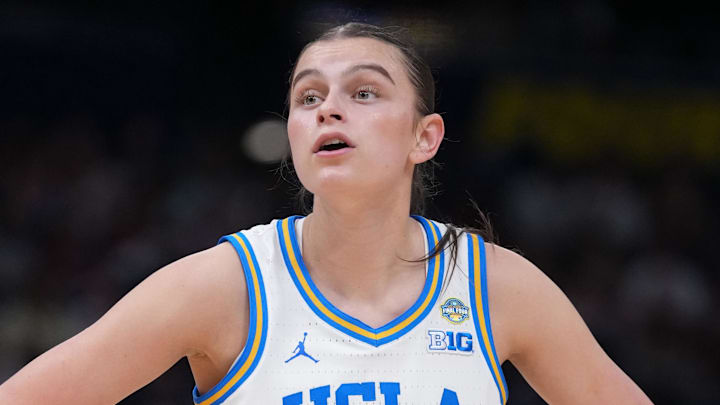 Apr 4, 2025; Tampa, FL, USA; UCLA Bruins guard Gabriela Jaquez (11) reacts during second quarter in a semifinal of the women's 2025 NCAA tournament against the Connecticut Huskies at Amalie Arena. Mandatory Credit: Kirby Lee-Imagn Images Apr 4, 2025; Tampa, FL, USA; UCLA Bruins guard Gabriela Jaquez (11) reacts during second quarter in a semifinal of the women's 2025 NCAA tournament against the Connecticut Huskies at Amalie Arena. Mandatory Credit: Kirby Lee-Imagn Images