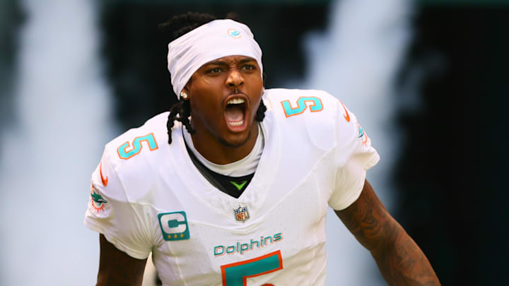 Sep 8, 2024; Miami Gardens, Florida, USA; Miami Dolphins cornerback Jalen Ramsey (5) runs onto the field before the game against the Jacksonville Jaguars at Hard Rock Stadium. Mandatory Credit: Sam Navarro-Imagn Images