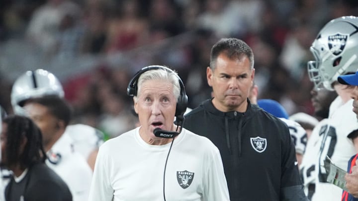 Aug 23, 2025; Glendale, Arizona, USA; Las Vegas Raiders head coach Pete Carroll looks on against the Arizona Cardinals during the first half at State Farm Stadium. Mandatory Credit: Joe Camporeale-Imagn Images