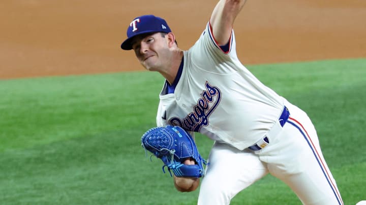 Sep 18, 2024; Arlington, Texas, USA;  Texas Rangers starting pitcher Cody Bradford (61) throws during the first inning against the Toronto Blue Jays at Globe Life Field.