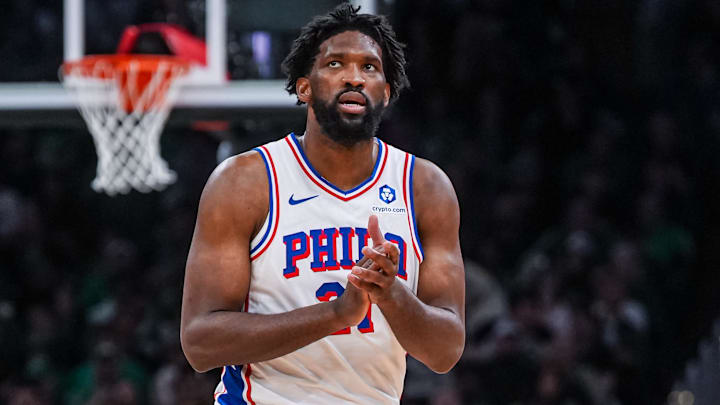 Apr 28, 2026; Boston, Massachusetts, USA; Philadelphia 76ers center Joel Embiid (21) reacts during a break against the Boston Celtics in the second half during game five of the first round of the 2026 NBA Playoffs at TD Garden. Mandatory Credit: David Butler II-Imagn Images
