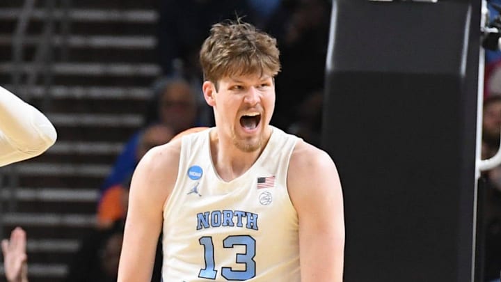 North Carolina Tar Heels center Henri Veesaar (13) celebrates after scoring Thursday, March 19, 2026, during the NCAA Men’s Basketball Tournament first round game against the VCU Rams at Bon Secours Wellness Arena in Greenville, South Carolina. VCU Rams won 82-78 in OT.