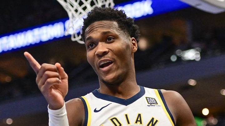 Nov 22, 2024; Milwaukee, Wisconsin, USA; Indiana Pacers forward Bennedict Mathurin (00) reacts in the second quarter against the Milwaukee Bucks at Fiserv Forum. Mandatory Credit: Benny Sieu-Imagn Images