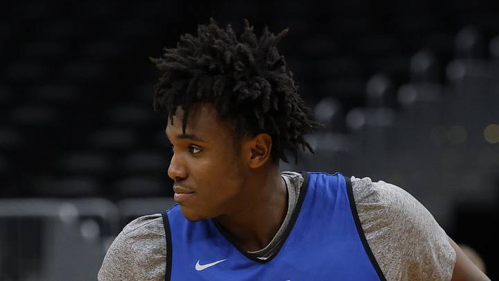 Mar 26, 2026; Washington, DC, USA; Duke Blue Devils center Patrick Ngongba (21) dribbles during a practice session ahead of the east regional of the men's 2026 NCAA Tournament at Capital One Arena. Mandatory Credit: Geoff Burke-Imagn Images