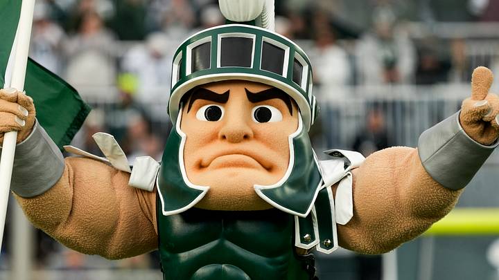 Nov 15, 2025; East Lansing, Michigan, USA; Michigan State mascot Sparty runs out onto the field before a game against Penn State at Spartan Stadium. Mandatory Credit: Brendan Mullin-Imagn Images