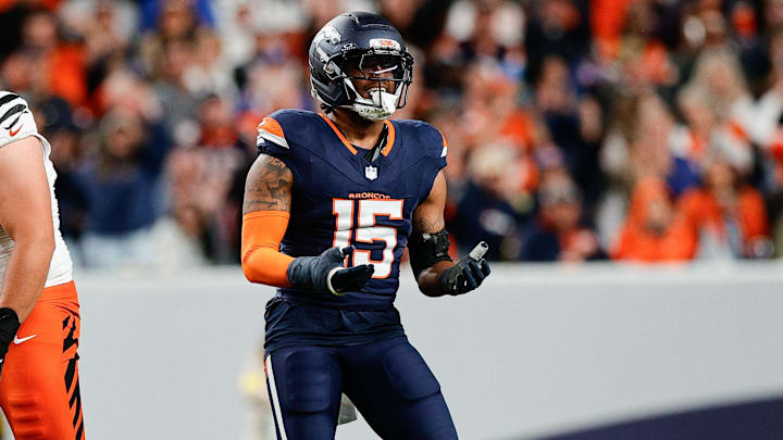 Sep 29, 2025; Denver, Colorado, USA; Denver Broncos linebacker Nik Bonitto (15) celebrates after sacking Cincinnati Bengals quarterback Jake Browning (6) during the third quarter at Empower Field at Mile High. 