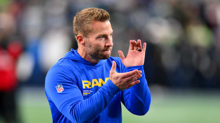 Dec 18, 2025; Seattle, Washington, USA; Los Angeles Rams head coach Sean McVay looks on before the game against the Seattle Seahawks at Lumen Field. Mandatory Credit: Steven Bisig-Imagn Images
