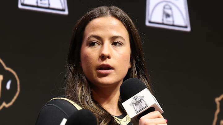 Oct 21, 2025; Kansas City, MO, USA; Coloradoís Kennedy Sanders speaks to media during Big 12 Womenís Basketball Media Day at T-Mobile Center.