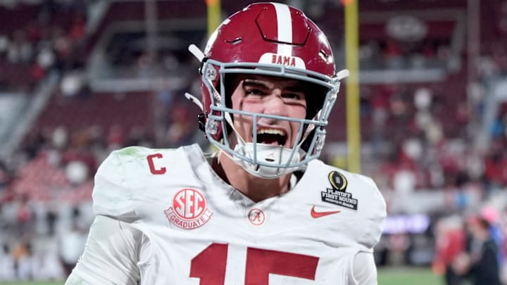 Alabama's Ty Simpson (15) celebrates following the College Football Playoff game between the University of Oklahoma Sooners (OU) and the Alabama Crimson Tide at the Gaylord Family Oklahoma Memorial Stadium in Norman, Okla., Friday, Dec. 19, 2025.