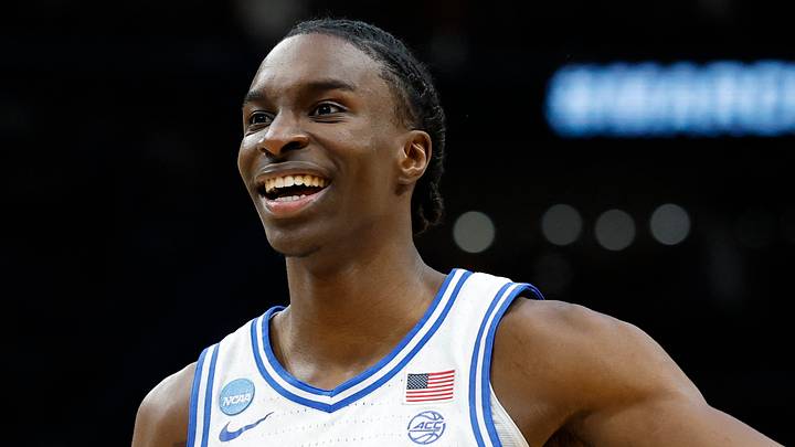 Mar 29, 2026; Washington, DC, USA; Duke Blue Devils guard Dame Sarr (7) reacts after a play against the UConn Huskies in the first half during an Elite Eight game of the East Regional of the men's 2026 NCAA Tournament at Capital One Arena. Mandatory Credit: Amber Searls-Imagn Images Mar 29, 2026; Washington, DC, USA; Duke Blue Devils guard Dame Sarr (7) reacts after a play against the UConn Huskies in the first half during an Elite Eight game of the East Regional of the men's 2026 NCAA Tournament at Capital One Arena. Mandatory Credit: Amber Searls-Imagn Images