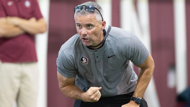 Florida State University football head coach Mike Norvell makes the rounds at his Big Man Camp held at FSU's indoor practice facility Wednesday, June 9, 2021.