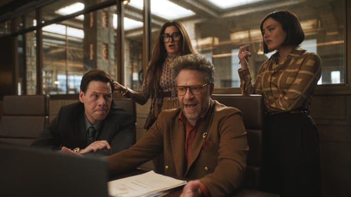 Episode 1. Ike Barinholtz, Kathryn Hahn, Chase Sui Wonders and Seth Rogen in "The Studio," premiering March 26, 2025 on Apple TV+.