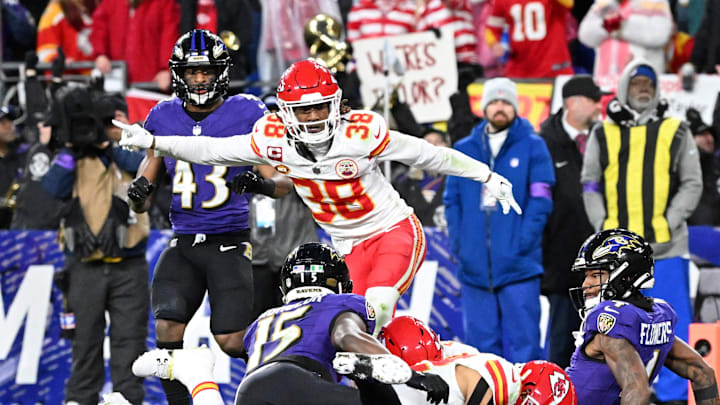 Jan 28, 2024; Baltimore, Maryland, USA; Kansas City Chiefs cornerback L'Jarius Sneed (38) celebrates