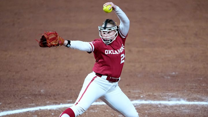 Oklahoma pitcher Audrey Lowry works during a contest at Love's Field.