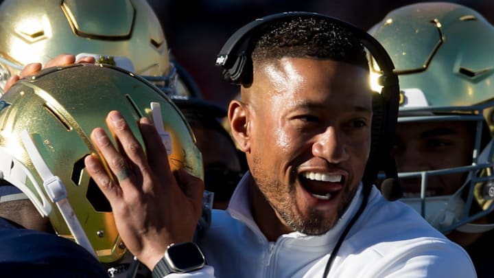 Notre Dame head football coach Marcus Freeman celebrates at the 90th annual Sun Bowl game against Oregon State on Friday, Dec. 29, 2023, at El Paso, Texas.