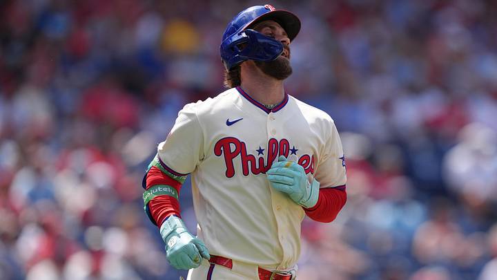 May 20, 2026; Philadelphia, Pennsylvania, USA; Philadelphia Phillies infielder Bryce Harper (3) reacts after flying out against the Cincinnati Reds in the sixth inning at Citizens Bank Park. May 20, 2026; Philadelphia, Pennsylvania, USA; Philadelphia Phillies infielder Bryce Harper (3) reacts after flying out against the Cincinnati Reds in the sixth inning at Citizens Bank Park.