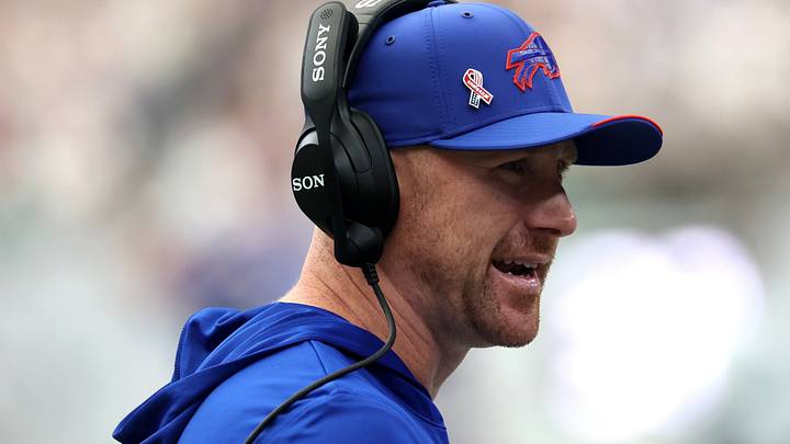 Buffalo Bills head coach Joe Brady looks on during the first half against the Houston Texans at Reliant Stadium. Buffalo Bills head coach Joe Brady looks on during the first half against the Houston Texans at Reliant Stadium.