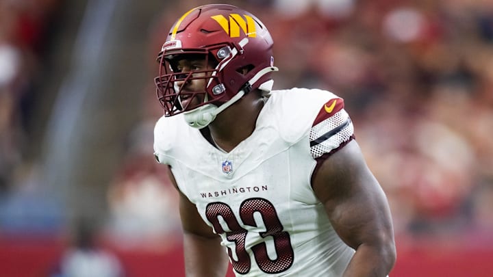 Sep 29, 2024; Glendale, Arizona, USA; Washington Commanders defensive tackle Jonathan Allen (93) against the Arizona Cardinals at State Farm Stadium. Mandatory Credit: Mark J. Rebilas-Imagn Images