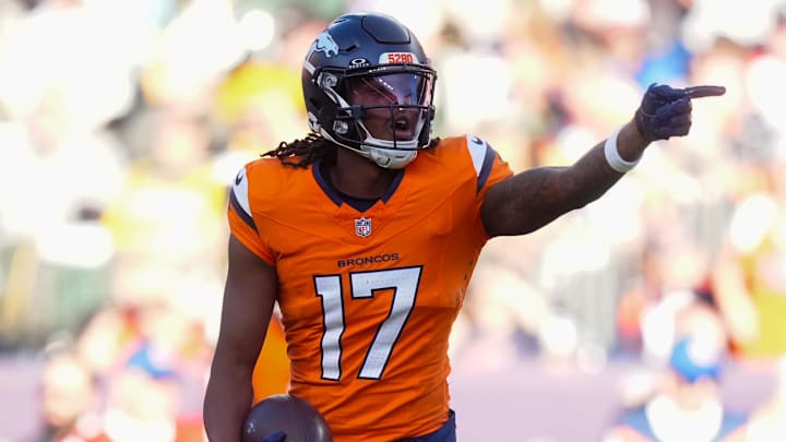 Dec 14, 2025; Denver, Colorado, USA; Denver Broncos wide receiver Lil'Jordan Humphrey (17) reacts during the second quarter against the Green Bay Packers at Empower Field at Mile High. Mandatory Credit: Ron Chenoy-Imagn Images