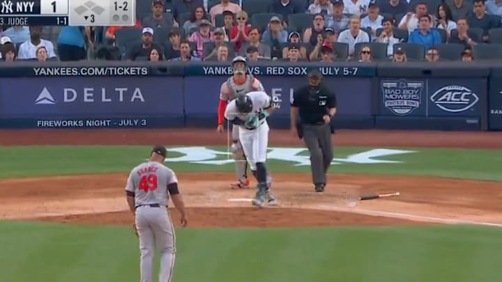 New York Yankees outfielder Aaron Judge reacts after being hit by a pitch against the Baltimore Orioles.