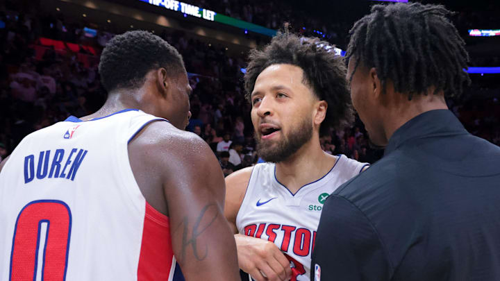 Mar 19, 2025; Miami, Florida, USA; Detroit Pistons guard Cade Cunningham (2) celebrates with center Jalen Duren (0) after the game against the Miami Heat at Kaseya Center. Mandatory Credit: Sam Navarro-Imagn Images Mar 19, 2025; Miami, Florida, USA; Detroit Pistons guard Cade Cunningham (2) celebrates with center Jalen Duren (0) after the game against the Miami Heat at Kaseya Center. Mandatory Credit: Sam Navarro-Imagn Images