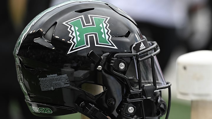 Oct 19, 2024; Pullman, Washington, USA; Hawaii Warriors helmet sits during a game against the Washington State Cougars in the second half at Gesa Field at Martin Stadium. 