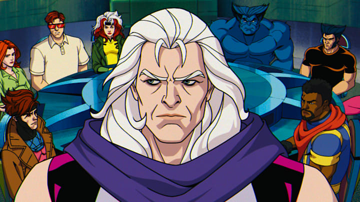 (L-R): Jean Grey (voiced by Jennifer Hale), Gambit (voiced by AJ LoCascio), Cyclops (voiced by Ray Chase), Rogue (voiced by Lenore Zann), Magneto (voiced by Matthew Waterson), Beast (voiced by George Buza), Bishop (voiced by Isaac Robinson-Smith), Wolverine (voiced by Cal Dodd), Storm (voiced by Alison Sealy-Smith), and Jubilee (voiced by Holly Chou) in Marvel Animation's X-MEN '97. Photo courtesy of Marvel Animation. © 2024 MARVEL.