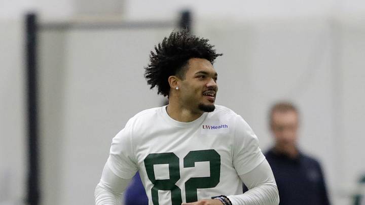 Green Bay Packers Will Sheppard (82) during rookie minicamp Friday, May 1 2026, at the Don Hutson Center in Green Bay, Wisconsin. Green Bay Packers Will Sheppard (82) during rookie minicamp Friday, May 1 2026, at the Don Hutson Center in Green Bay, Wisconsin.