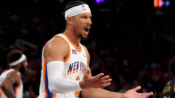 Apr 11, 2025; New York, New York, USA; New York Knicks guard Josh Hart (3) reacts after being called for a travel during the fourth quarter against the Cleveland Cavaliers at Madison Square Garden. Mandatory Credit: Brad Penner-Imagn Images