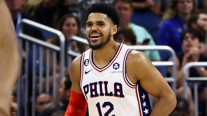 Nov 27, 2022; Orlando, Florida, USA; Philadelphia 76ers forward Tobias Harris (12) smiles after he makes a basket against the Orlando Magic during the second half at Amway Center. Mandatory Credit: Kim Klement-USA TODAY Sports