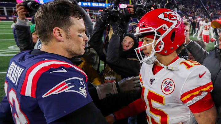 Dec 8, 2019; Foxborough, MA, USA; New England Patriots quarterback Tom Brady (12) and Kansas City Chiefs quarterback Patrick Mahomes (15) after the game at Gillette Stadium. Mandatory Credit: Paul Rutherford-Imagn Images