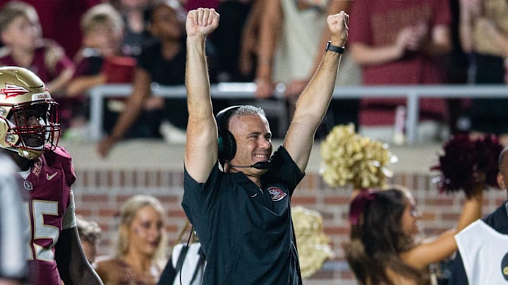 Florida State Seminoles head coach Mike Norvell celebrates a pick six. The Florida State Seminoles defeated the Southern Miss Golden Eagles on Saturday, Sept. 9, 2023.