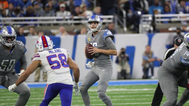 Lions quarterback Jared Goff looks to pass against the Bills during the first half of the Lions' 28-25 loss back in 2022 Lions quarterback Jared Goff looks to pass against the Bills during the first half of the Lions' 28-25 loss back in 2022