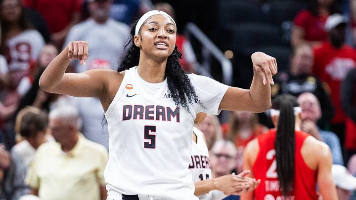 Jun 18, 2026; Indianapolis, Indiana, USA; Atlanta Dream forward Angel Reese (5) celebrates a basket in the second half against the Indiana Fever at Gainbridge Fieldhouse. Mandatory Credit: Trevor Ruszkowski-Imagn Images Jun 18, 2026; Indianapolis, Indiana, USA; Atlanta Dream forward Angel Reese (5) celebrates a basket in the second half against the Indiana Fever at Gainbridge Fieldhouse. Mandatory Credit: Trevor Ruszkowski-Imagn Images