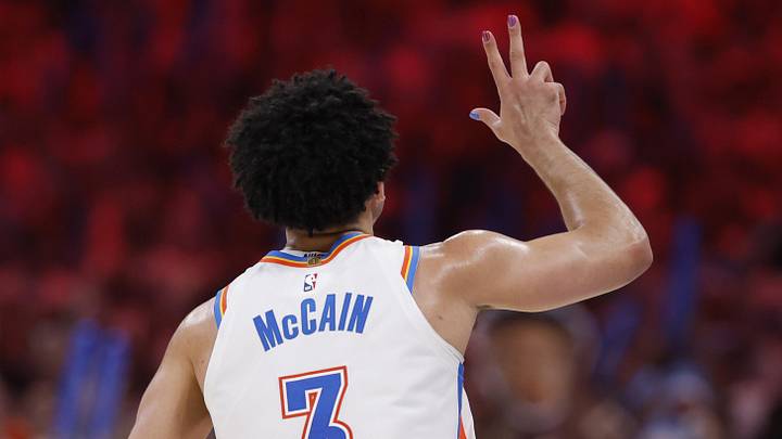 May 26, 2026; Oklahoma City, Oklahoma, USA; Oklahoma City Thunder guard Jared McCain (3) reacts after a basket during the third quarter against the San Antonio Spurs in game five of the western conference finals for the 2026 NBA playoffs at Paycom Center. Mandatory Credit: Alonzo Adams-Imagn Images May 26, 2026; Oklahoma City, Oklahoma, USA; Oklahoma City Thunder guard Jared McCain (3) reacts after a basket during the third quarter against the San Antonio Spurs in game five of the western conference finals for the 2026 NBA playoffs at Paycom Center. Mandatory Credit: Alonzo Adams-Imagn Images