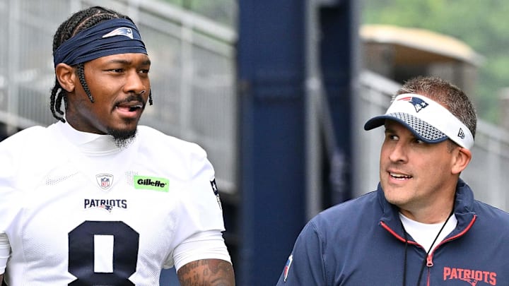 Jun 9, 2025; Foxborough, MA, USA; New England Patriots wide receiver Stefon Diggs (8) and offensive coordinator Josh McDaniels walk to the practice fields at Gillette Stadium. Mandatory Credit: Eric Canha-Imagn Images