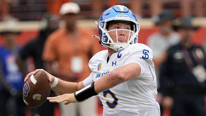 Sep 6, 2025; Austin, Texas, USA; San Jose State Spartans quarterback Walker Eget (5) passes the ball during the first half against the Texas Longhorns at Darrell K Royal-Texas Memorial Stadium. Mandatory Credit: Scott Wachter-Imagn Images