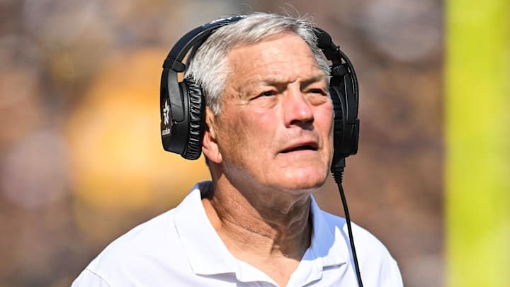 Oct 12, 2024; Iowa City, Iowa, USA; Iowa Hawkeyes head coach Kirk Ferentz looks on during the fourth quarter against the Washington Huskies at Kinnick Stadium. The victory would the 200th of Ferentz’s Big Ten career. Mandatory Credit: Jeffrey Becker-Imagn Images