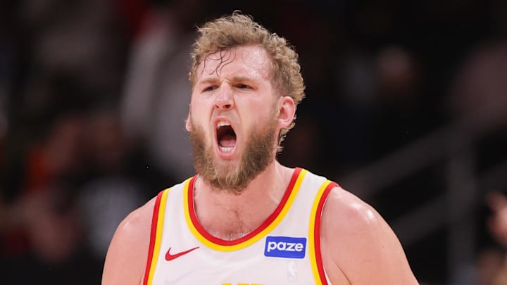 Feb 5, 2026; Atlanta, Georgia, USA; Atlanta Hawks center Jock Landale (31) reacts after a basket against the Utah Jazz in the fourth quarter at State Farm Arena. Mandatory Credit: Brett Davis-Imagn Images
