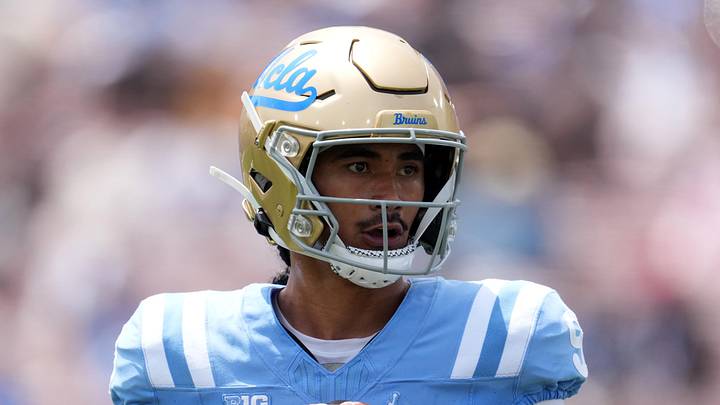 May 2, 2026; Pasadena, CA, USA; UCLA Bruins quarterback Nico Iamaleava (9) throws the ball during the spring game at Rose Bowl. Mandatory Credit: Kirby Lee-Imagn Images