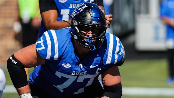 Oct 18, 2025; Durham, North Carolina, USA;  Duke Blue Devils offensive lineman Justin Pickett (77) looks on during the first half of the game against Georgia Tech Yellow Jackets at Wallace Wade Stadium. Mandatory Credit: Jaylynn Nash-Imagn Images