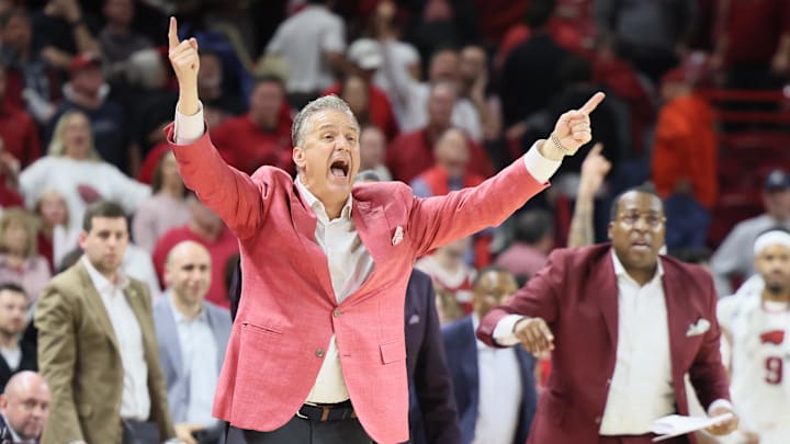 Feb 8, 2025; Fayetteville, Arkansas, USA; Arkansas Razorbacks head coach John Calipari during the second half against the Alabama Crimson Tide at Bud Walton Arena. Alabama won 85-81. Mandatory Credit: Nelson Chenault-Imagn Images