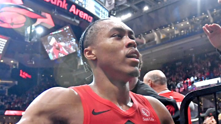 Toronto Raptors forward Scottie Barnes celebrates with fans after a win over the Cleveland Cavaliers.