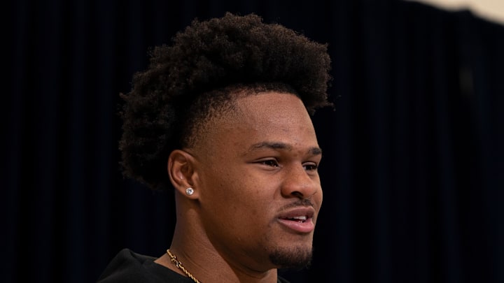 Feb 26, 2026; Indianapolis, IN, USA; Duke defensive back Chandler Rivers (DB28) speaks to members of the media during the NFL Combine at the Indiana Convention Center. Mandatory Credit: Jacob Musselman-Imagn Images