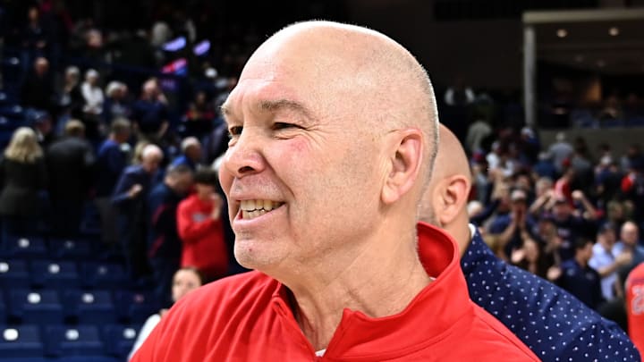 Feb 22, 2025; Spokane, Washington, USA; St. Mary's Gaels head coach Randy Bennett celebrates after a game against the Gonzaga Bulldogs at McCarthey Athletic Center. Mandatory Credit: James Snook-Imagn Images