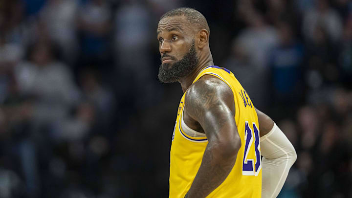 Apr 25, 2025; Minneapolis, Minnesota, USA; Los Angeles Lakers forward LeBron James (23) looks on against the Minnesota Timberwolves in the second half during game three of first round for the 2024 NBA Playoffs at Target Center. Mandatory Credit: Jesse Johnson-Imagn Images