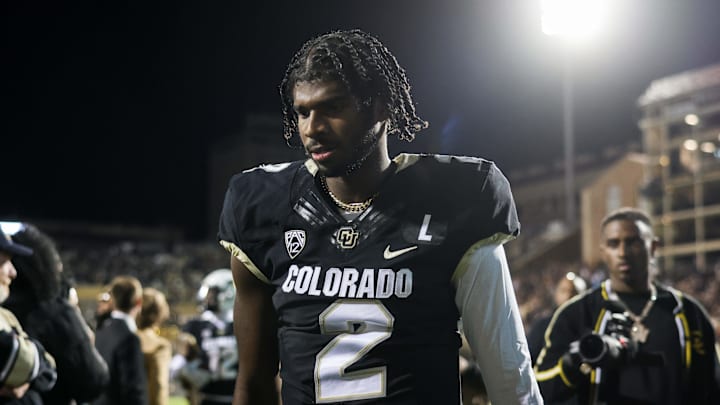 Nov 4, 2023; Boulder, Colorado, USA; Colorado Buffaloes quarterback Shedeur Sanders (2) walks off the field after warmups before the game against Oregon State Beavers at Folsom Field.