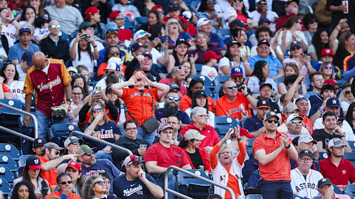 Apr 20, 2024; Washington, District of Columbia, USA; Fans react as Houston Astros second base Jose Altuve (27) prepares to hit against the Washington Nationals during the sixth inning at Nationals Park.